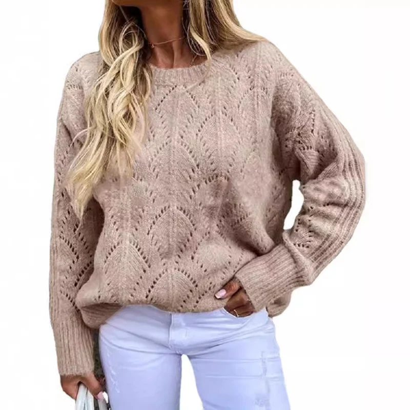 Damen Oversize Ajourstrick-Pullover mit Rundhalsausschnitt Drune