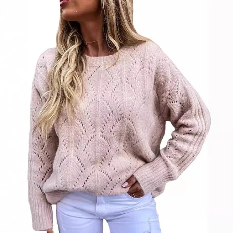 Damen Oversize Ajourstrick-Pullover mit Rundhalsausschnitt Drune