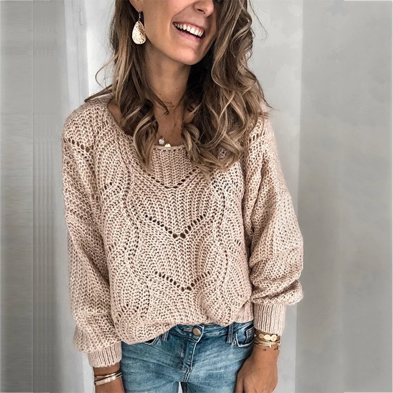 Damen Oversize Ajour-Grobstrickpullover mit U-Boot-Ausschnitt und Zopfmuster Drune