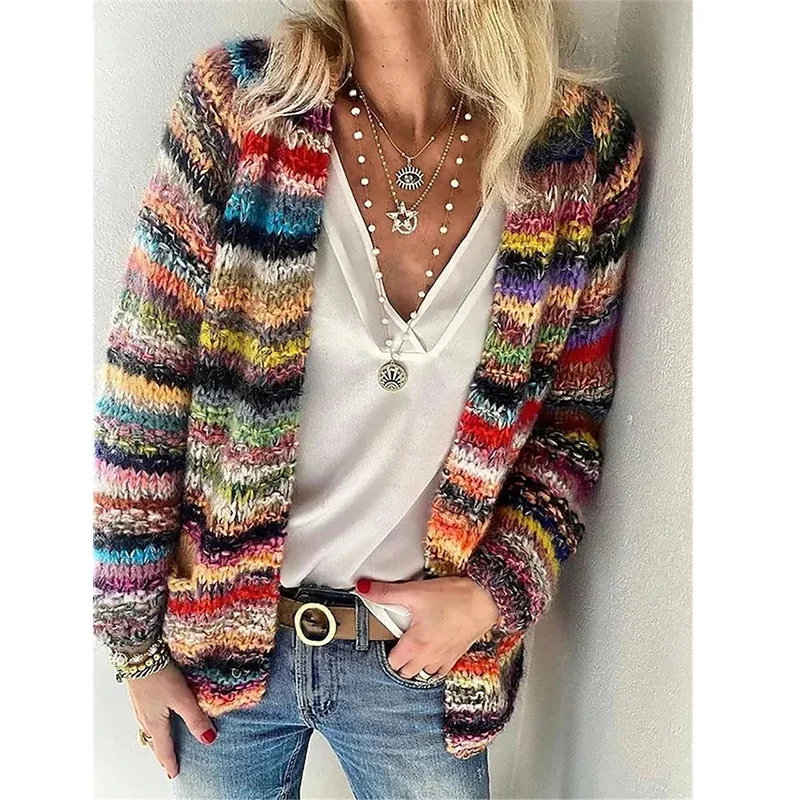 Damen Mehrfarbiger Strickcardigan mit offener Front, legerem Oversize-Schnitt und feinem Rippbündchen Drune
