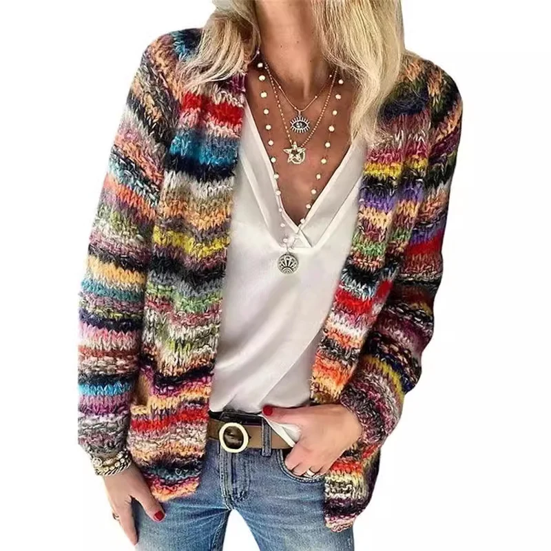 Damen Mehrfarbiger Strickcardigan mit offener Front, legerem Oversize-Schnitt und feinem Rippbündchen Drune