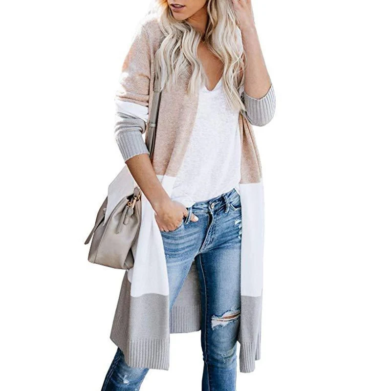 Damen Longline-Cardigan mit Colorblock, geripptem Saum und offener Front Drune
