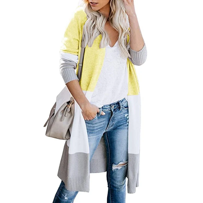 Damen Longline-Cardigan mit Colorblock, geripptem Saum und offener Front Drune