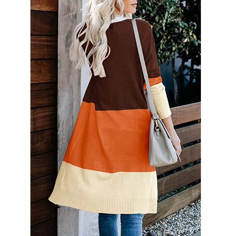 Damen Longline-Cardigan mit Colorblock, geripptem Saum und offener Front Drune