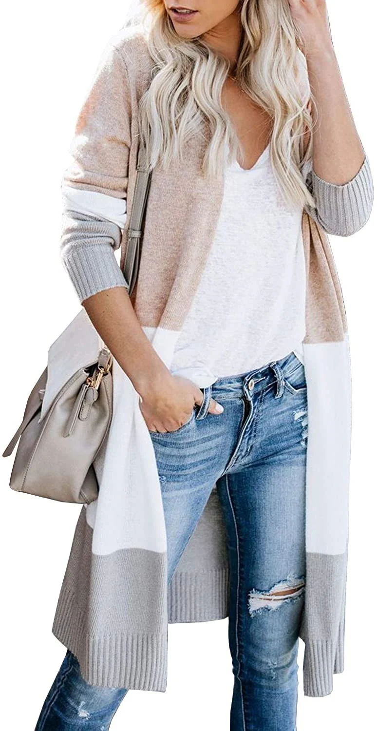 Damen Longline-Cardigan mit Colorblock, geripptem Saum und offener Front Drune