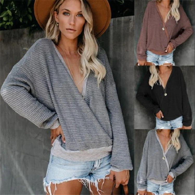 Damen Lockerer Waffelstrick-Pullover mit tiefem V-Ausschnitt und Lagen‑Look Drune