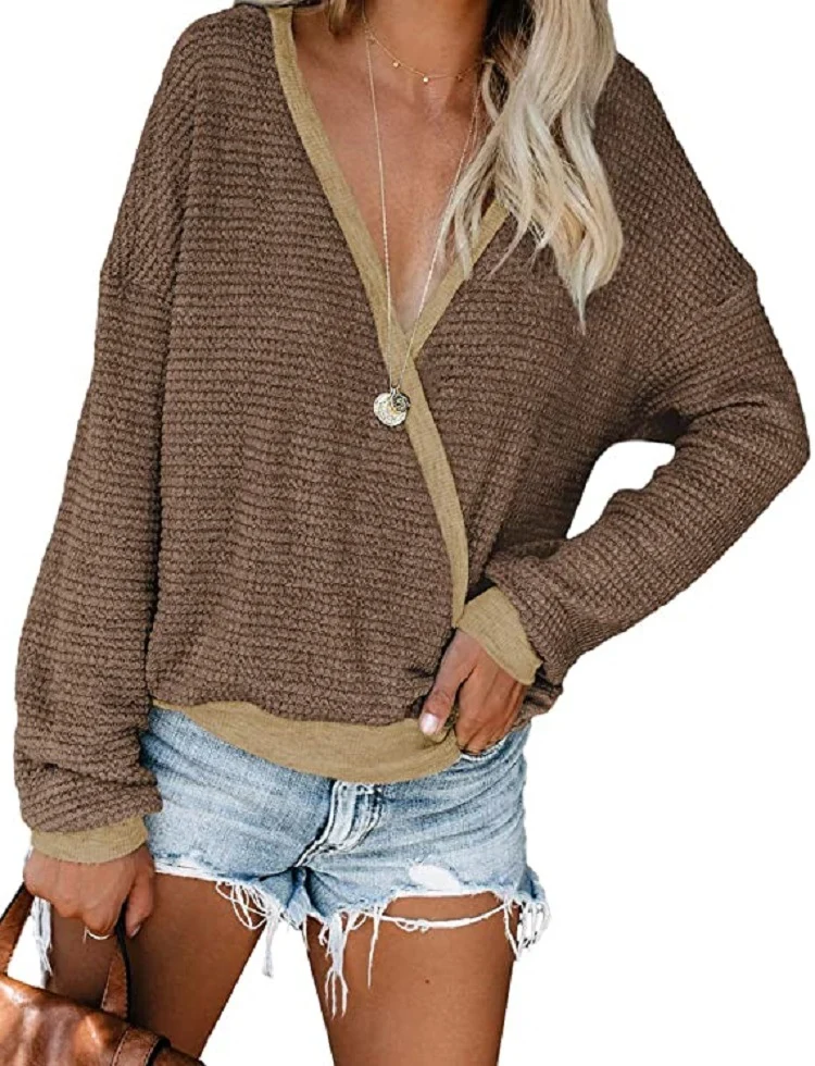 Damen Lockerer Waffelstrick-Pullover mit tiefem V-Ausschnitt und Lagen‑Look Drune