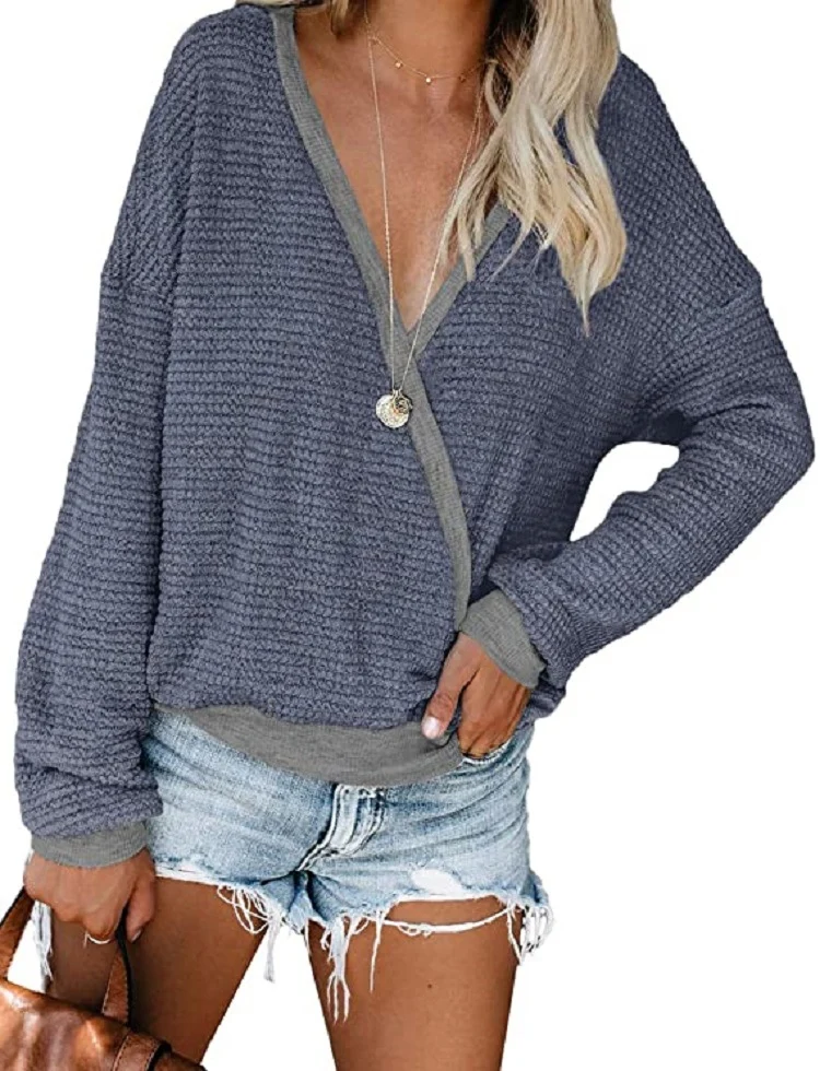 Damen Lockerer Waffelstrick-Pullover mit tiefem V-Ausschnitt und Lagen‑Look Drune