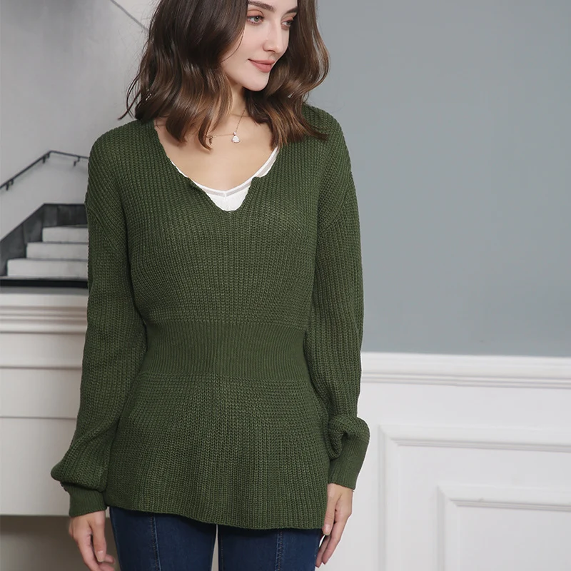 Damen Lockerer Feinstrick-Pullover mit V-Notch-Ausschnitt, Tailliertem Rippbund und Ballonärmeln Drune