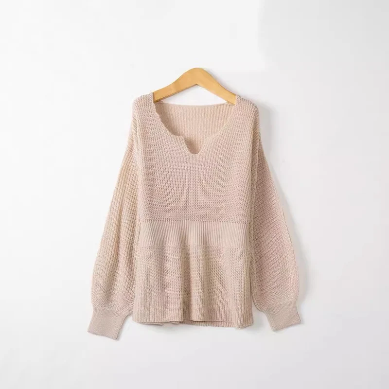 Damen Lockerer Feinstrick-Pullover mit V-Notch-Ausschnitt, Tailliertem Rippbund und Ballonärmeln Drune