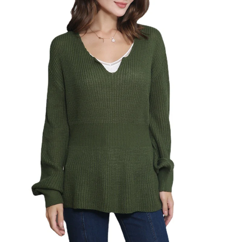 Damen Lockerer Feinstrick-Pullover mit V-Notch-Ausschnitt, Tailliertem Rippbund und Ballonärmeln Drune
