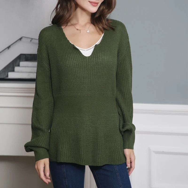 Damen Lockerer Feinstrick-Pullover mit V-Notch-Ausschnitt, Tailliertem Rippbund und Ballonärmeln Drune