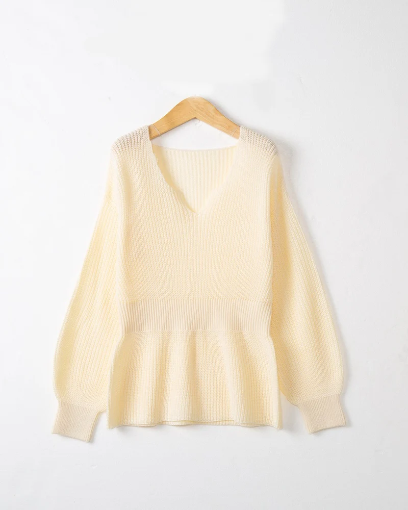 Damen Lockerer Feinstrick-Pullover mit V-Notch-Ausschnitt, Tailliertem Rippbund und Ballonärmeln Drune