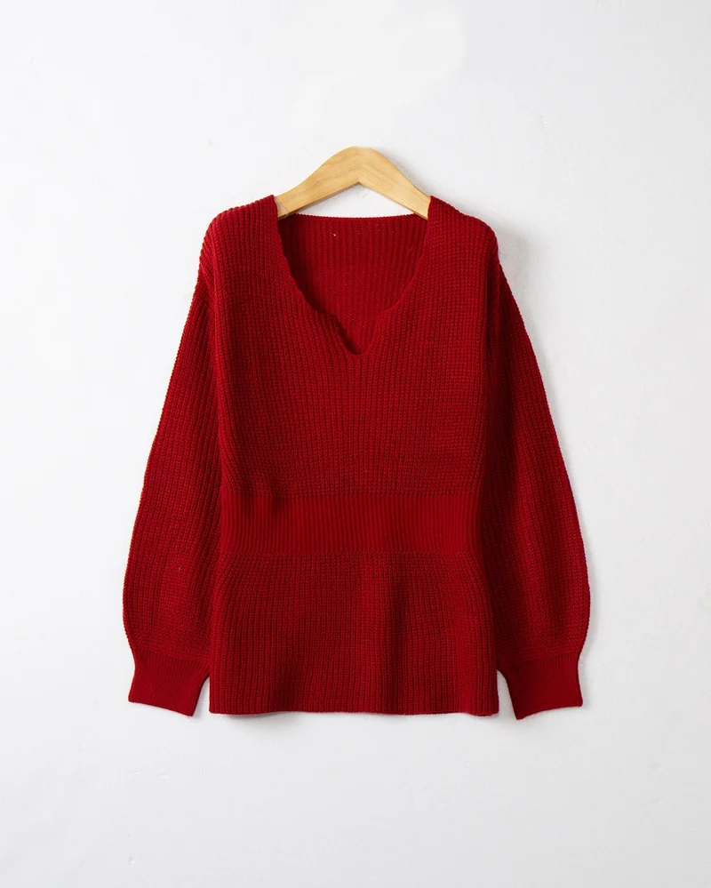 Damen Lockerer Feinstrick-Pullover mit V-Notch-Ausschnitt, Tailliertem Rippbund und Ballonärmeln Drune