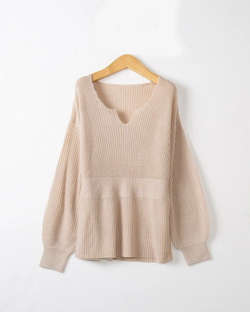 Damen Lockerer Feinstrick-Pullover mit V-Notch-Ausschnitt, Tailliertem Rippbund und Ballonärmeln Drune