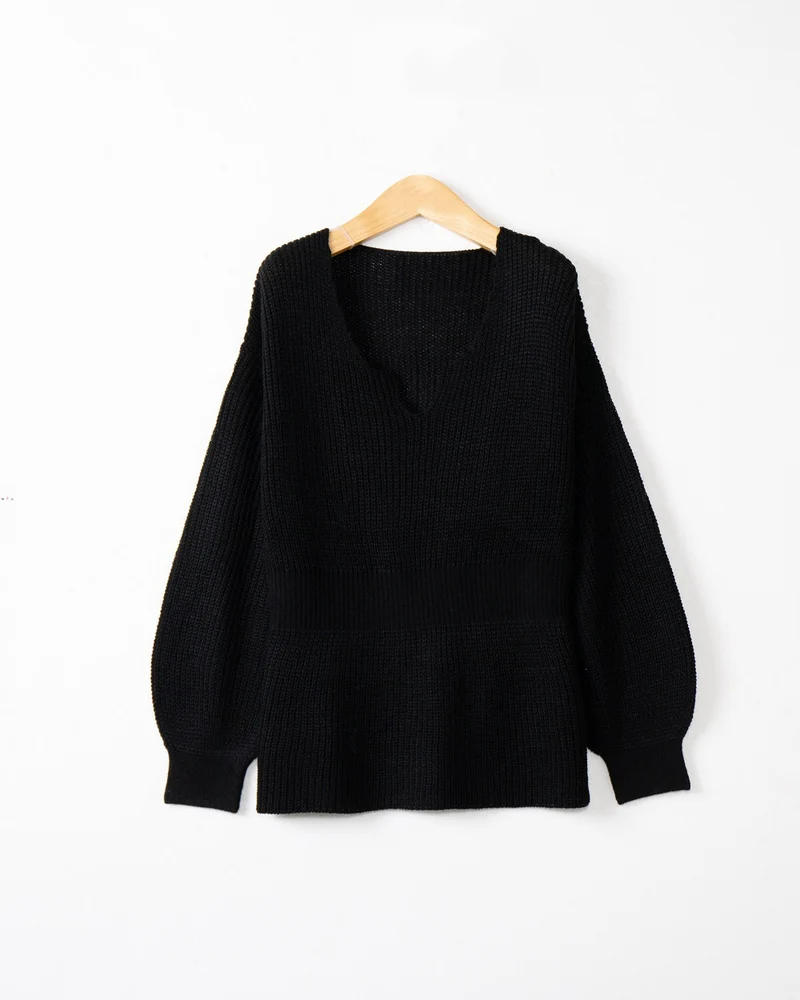 Damen Lockerer Feinstrick-Pullover mit V-Notch-Ausschnitt, Tailliertem Rippbund und Ballonärmeln Drune