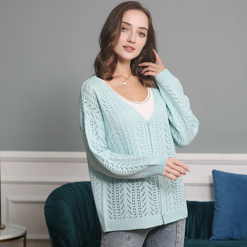 Damen Leichte Ajour-Strickjacke mit tiefem V-Ausschnitt und Knopfleiste Drune