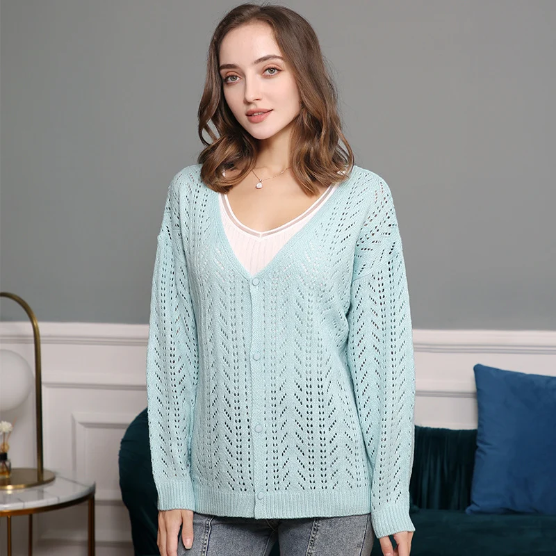 Damen Leichte Ajour-Strickjacke mit tiefem V-Ausschnitt und Knopfleiste Drune