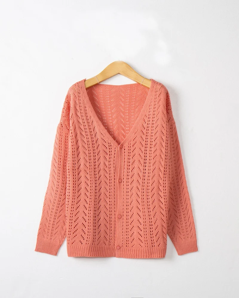 Damen Leichte Ajour-Strickjacke mit tiefem V-Ausschnitt und Knopfleiste Drune