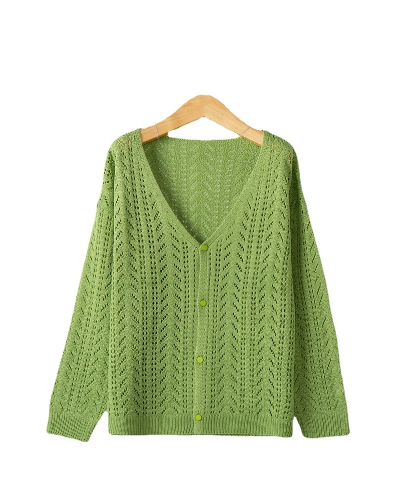 Damen Leichte Ajour-Strickjacke mit tiefem V-Ausschnitt und Knopfleiste Drune