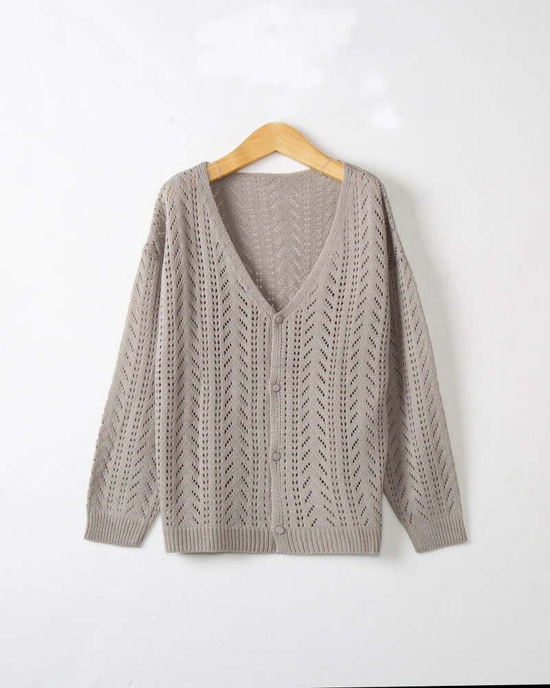Damen Leichte Ajour-Strickjacke mit tiefem V-Ausschnitt und Knopfleiste Drune