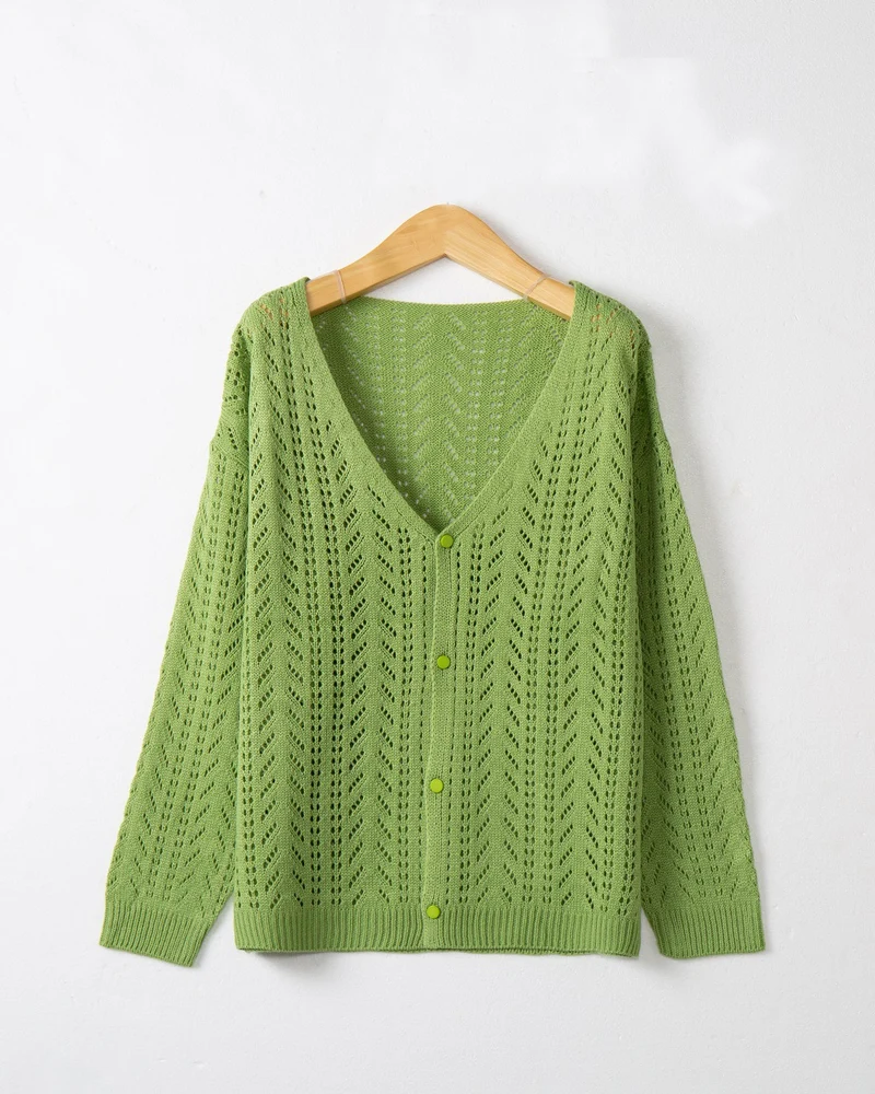 Damen Leichte Ajour-Strickjacke mit tiefem V-Ausschnitt und Knopfleiste Drune