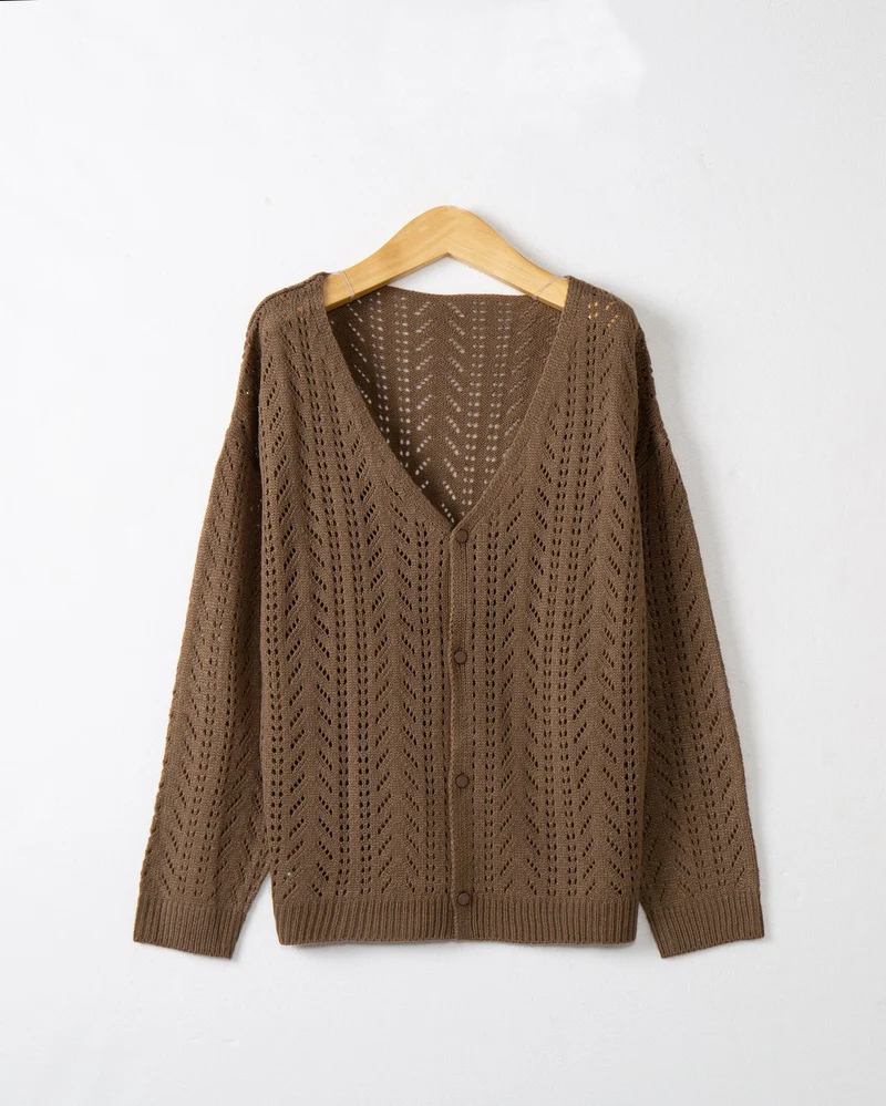 Damen Leichte Ajour-Strickjacke mit tiefem V-Ausschnitt und Knopfleiste Drune