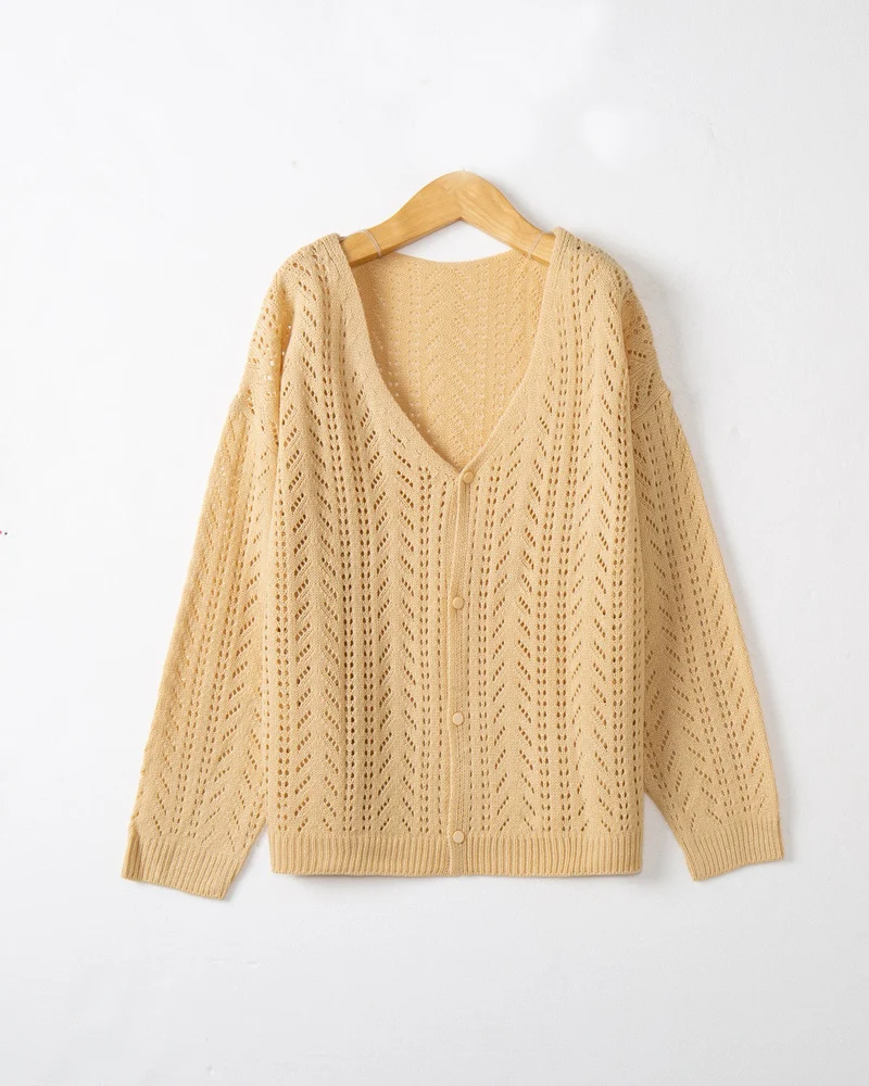 Damen Leichte Ajour-Strickjacke mit tiefem V-Ausschnitt und Knopfleiste Drune