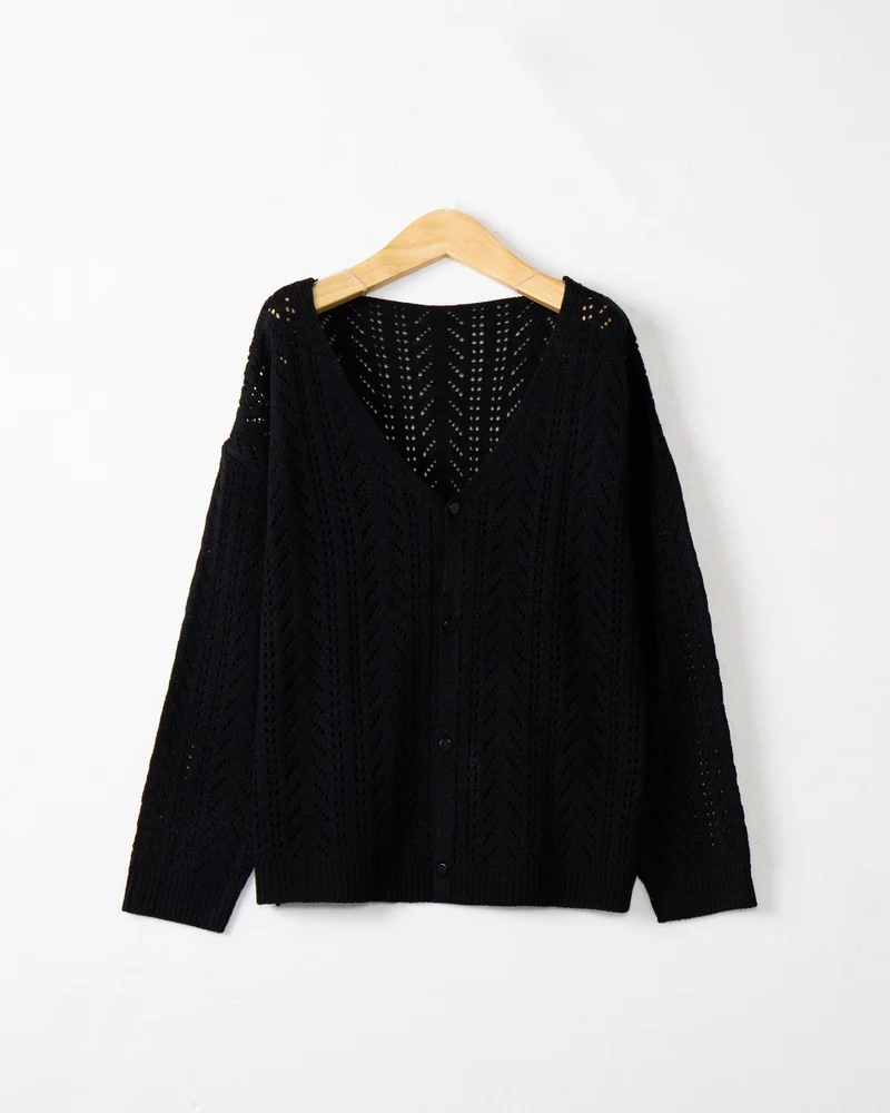 Damen Leichte Ajour-Strickjacke mit tiefem V-Ausschnitt und Knopfleiste Drune