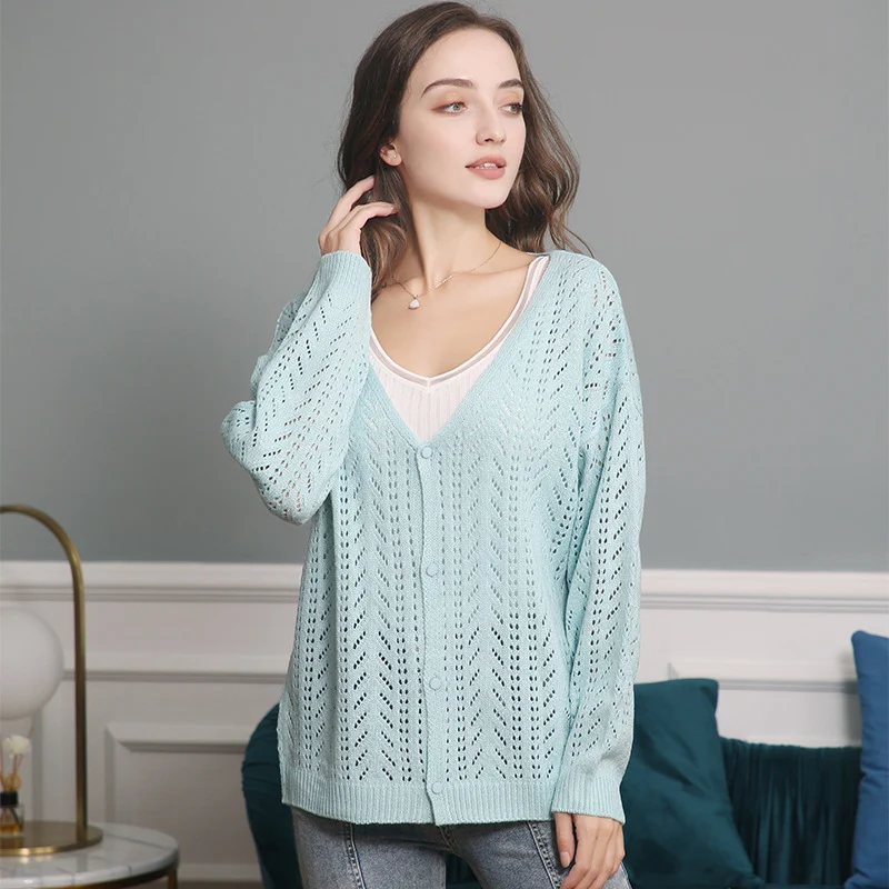 Damen Leichte Ajour-Strickjacke mit tiefem V-Ausschnitt und Knopfleiste Drune