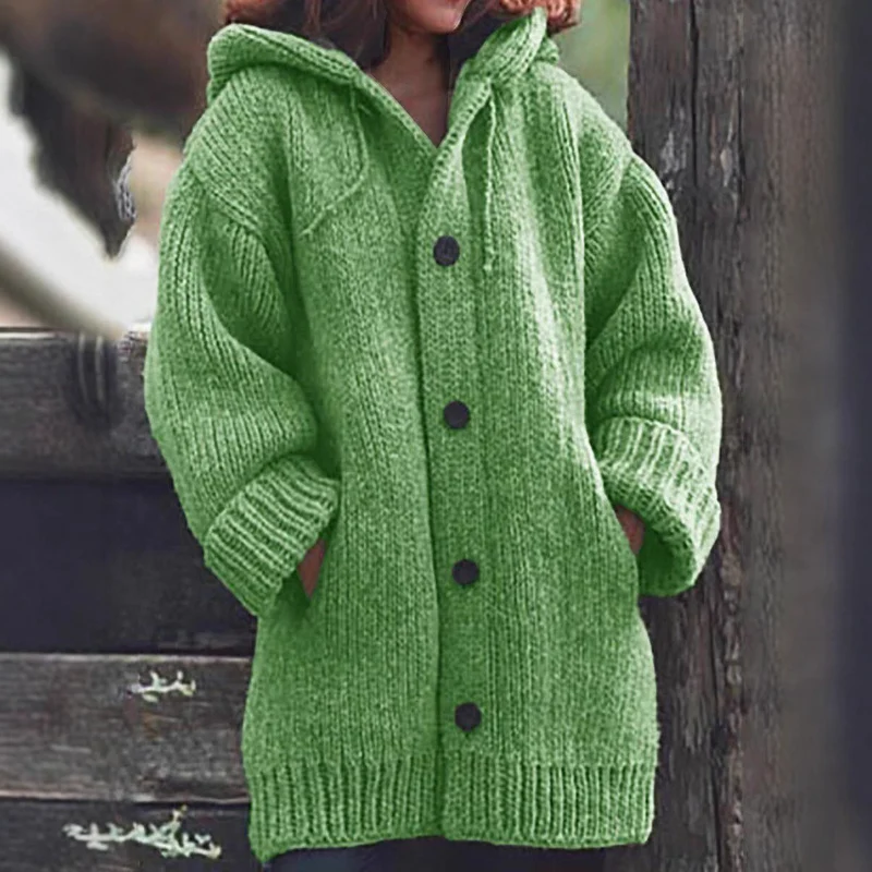 Damen Langgezogener Grobstrick-Mantelcardigan mit Kapuze, überschnittener Schulter und großen Knöpfen Drune