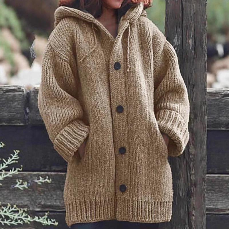 Damen Langgezogener Grobstrick-Mantelcardigan mit Kapuze, überschnittener Schulter und großen Knöpfen Drune