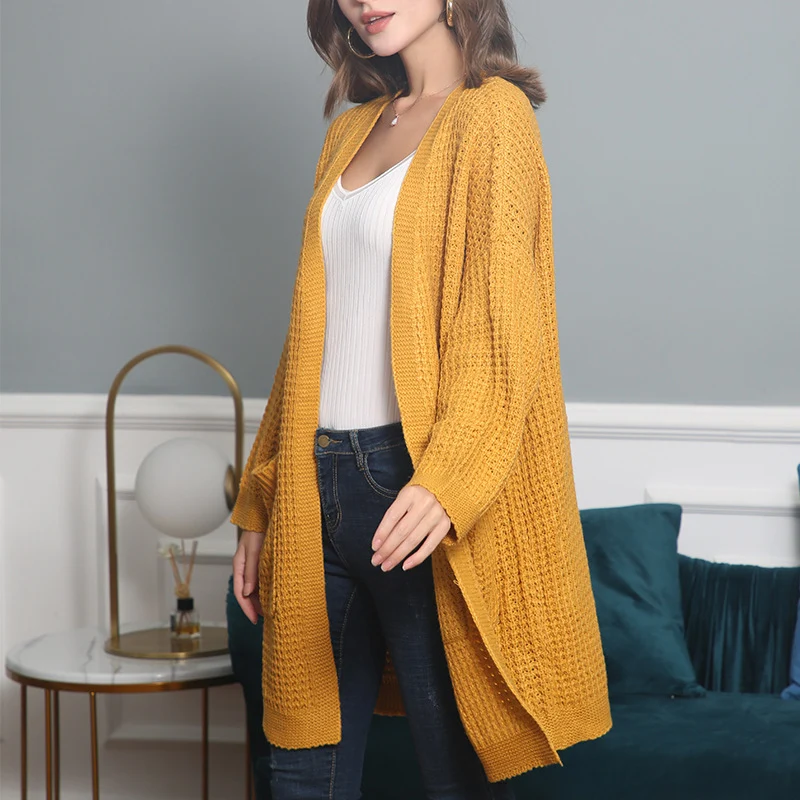 Damen Langer Oversize Strickmantel mit offener Front und aufgesetzten Taschen Drune