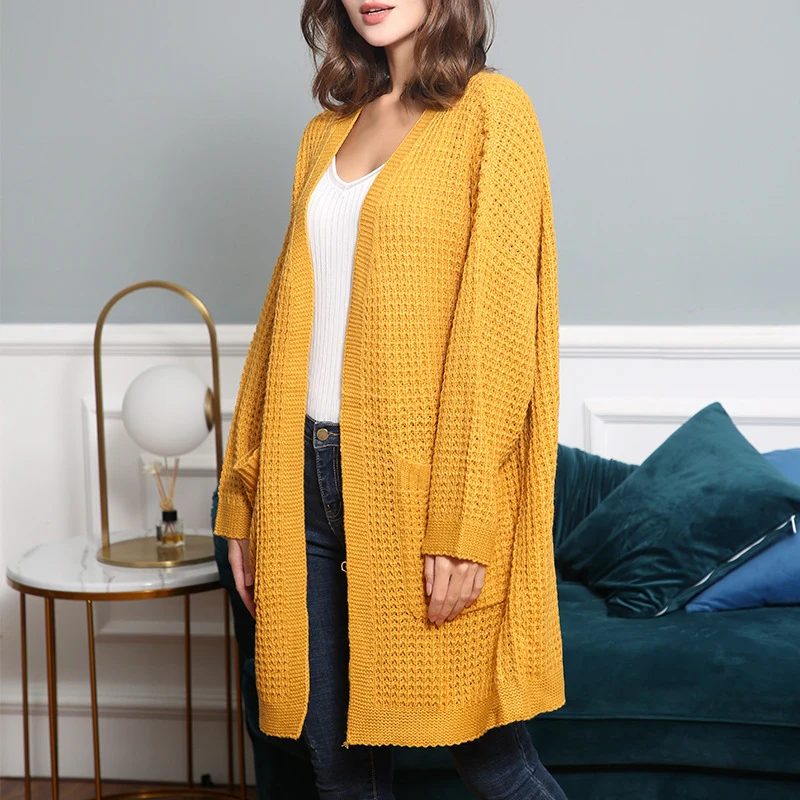 Damen Langer Oversize Strickmantel mit offener Front und aufgesetzten Taschen Drune