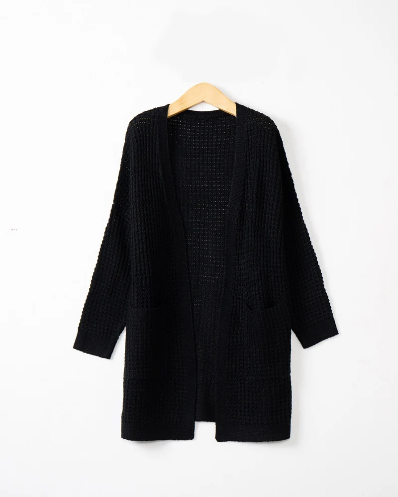 Damen Langer Oversize Strickmantel mit offener Front und aufgesetzten Taschen Drune