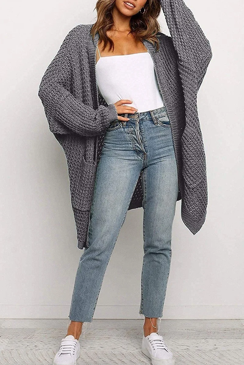 Damen Langer Oversize Strickmantel mit offener Front und aufgesetzten Taschen Drune