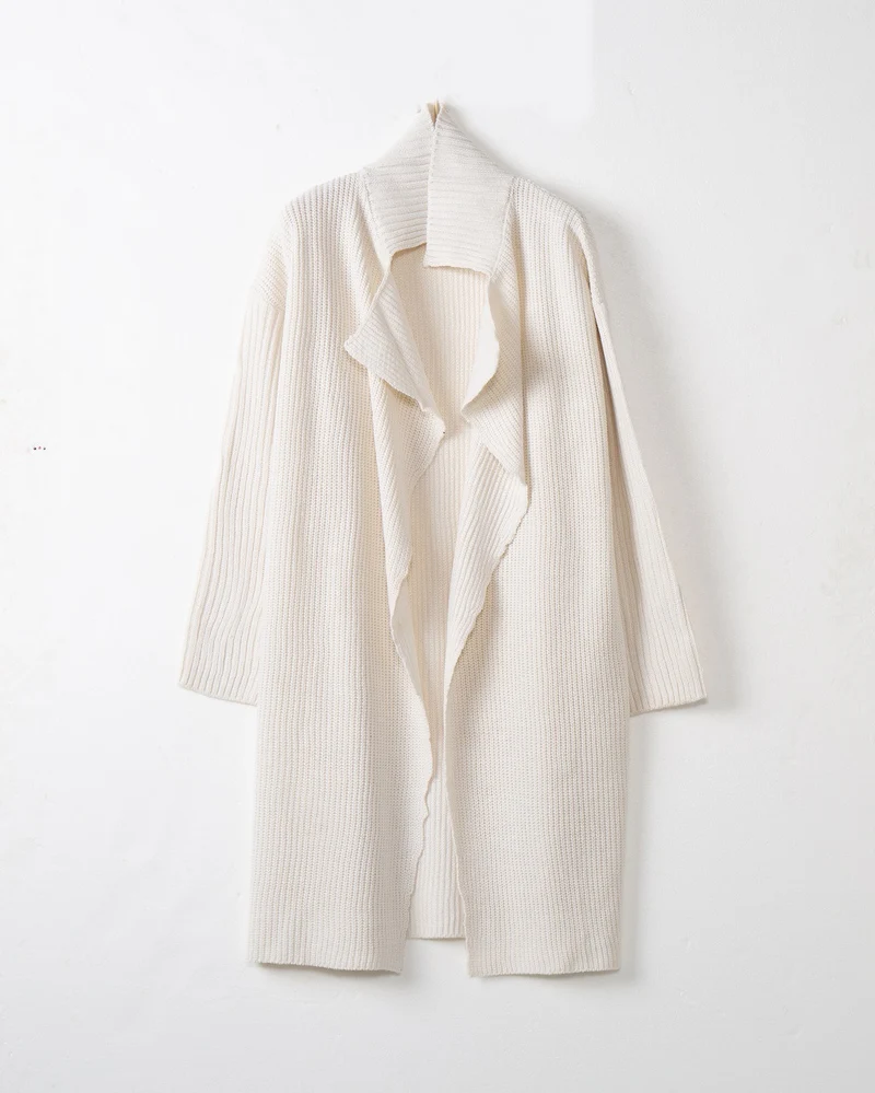 Damen langer offener Rippstrick-Cardigan mit weitem Schalkragen Drune