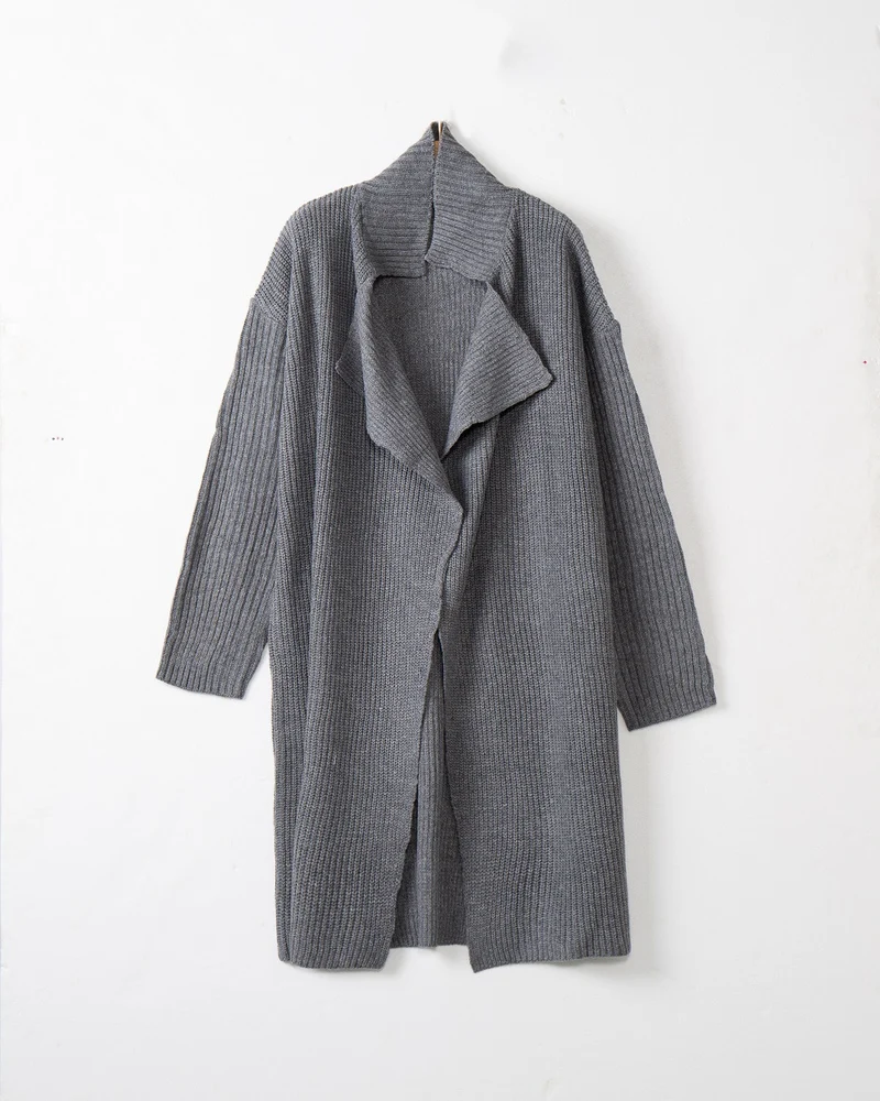Damen langer offener Rippstrick-Cardigan mit weitem Schalkragen Drune