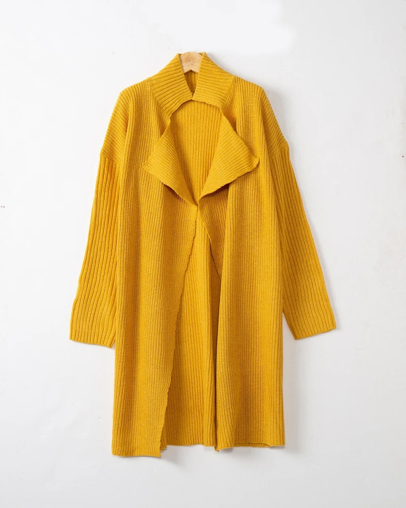 Damen langer offener Rippstrick-Cardigan mit weitem Schalkragen Drune