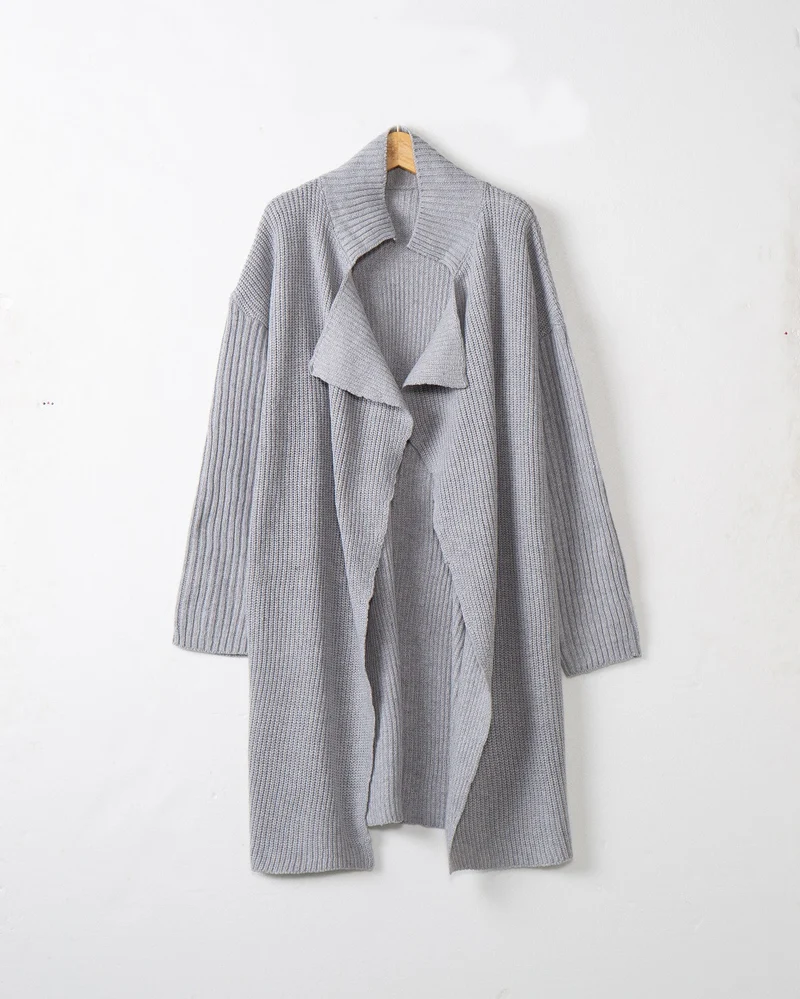 Damen langer offener Rippstrick-Cardigan mit weitem Schalkragen Drune