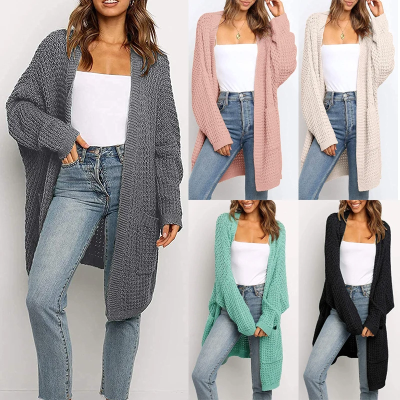 Damen Langer Offener Grobstrick-Cardigan im Cocoon-Schnitt mit Eingrifftaschen Drune