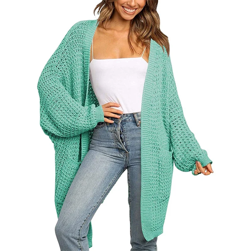 Damen Langer Offener Grobstrick-Cardigan im Cocoon-Schnitt mit Eingrifftaschen Drune