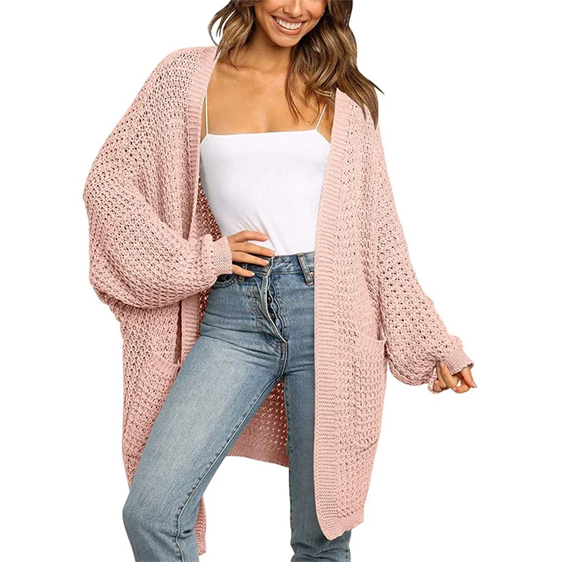 Damen Langer Offener Grobstrick-Cardigan im Cocoon-Schnitt mit Eingrifftaschen Drune