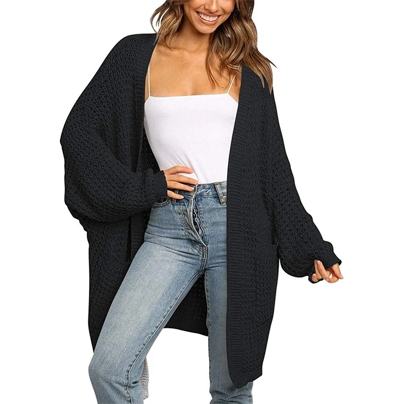 Damen Langer Offener Grobstrick-Cardigan im Cocoon-Schnitt mit Eingrifftaschen Drune