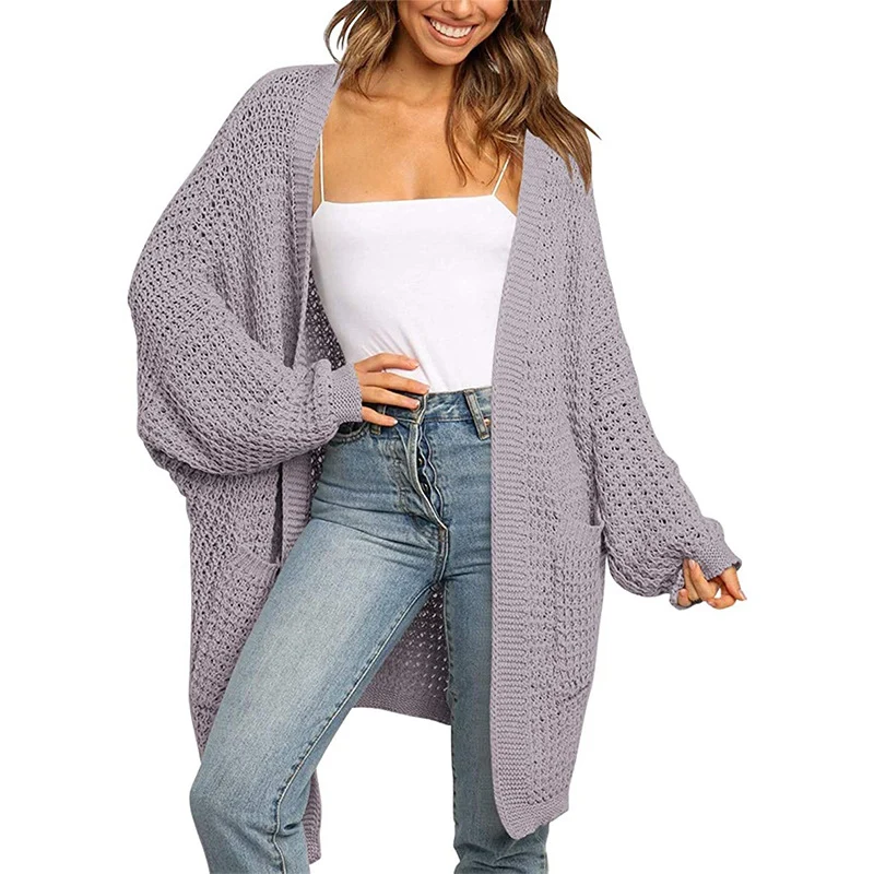 Damen Langer Offener Grobstrick-Cardigan im Cocoon-Schnitt mit Eingrifftaschen Drune