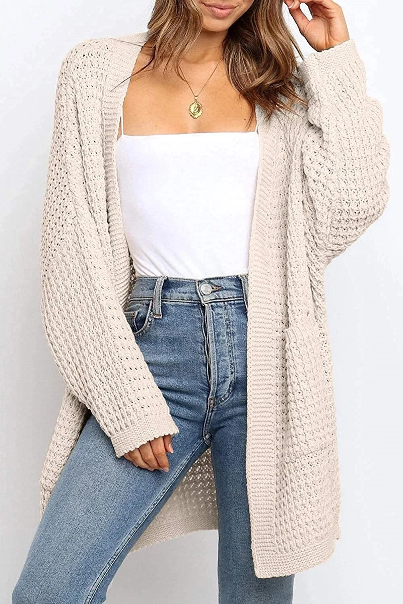 Damen Langer Offener Grobstrick-Cardigan im Cocoon-Schnitt mit Eingrifftaschen Drune