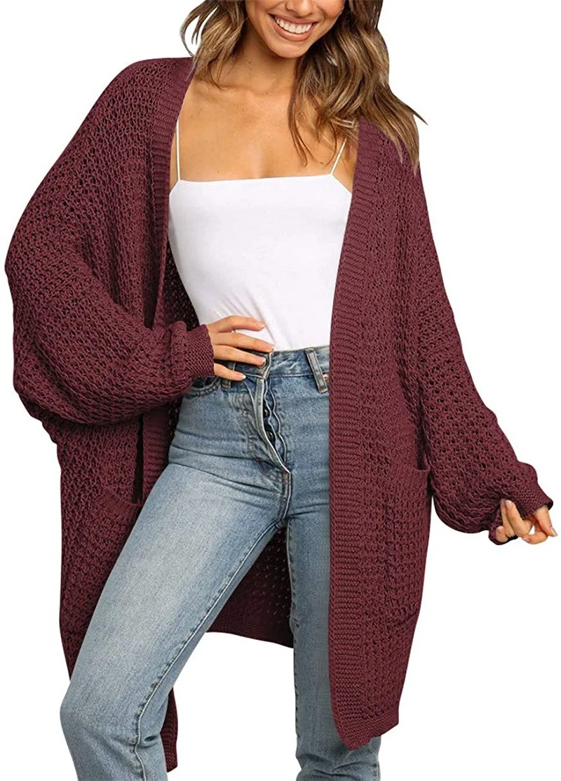 Damen Langer Offener Grobstrick-Cardigan im Cocoon-Schnitt mit Eingrifftaschen Drune