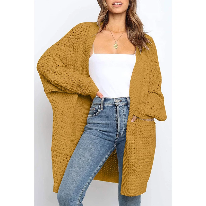 Damen Langer Offener Grobstrick-Cardigan im Cocoon-Schnitt mit Eingrifftaschen Drune