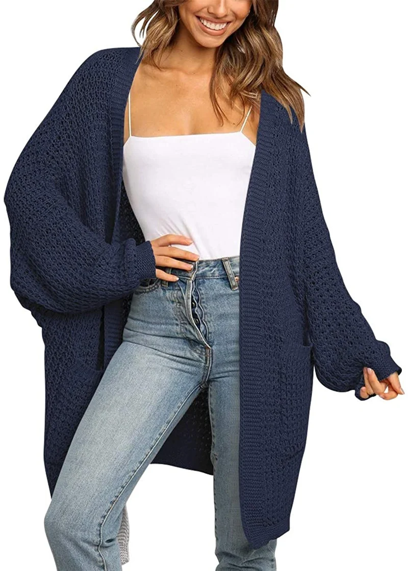 Damen Langer Offener Grobstrick-Cardigan im Cocoon-Schnitt mit Eingrifftaschen Drune