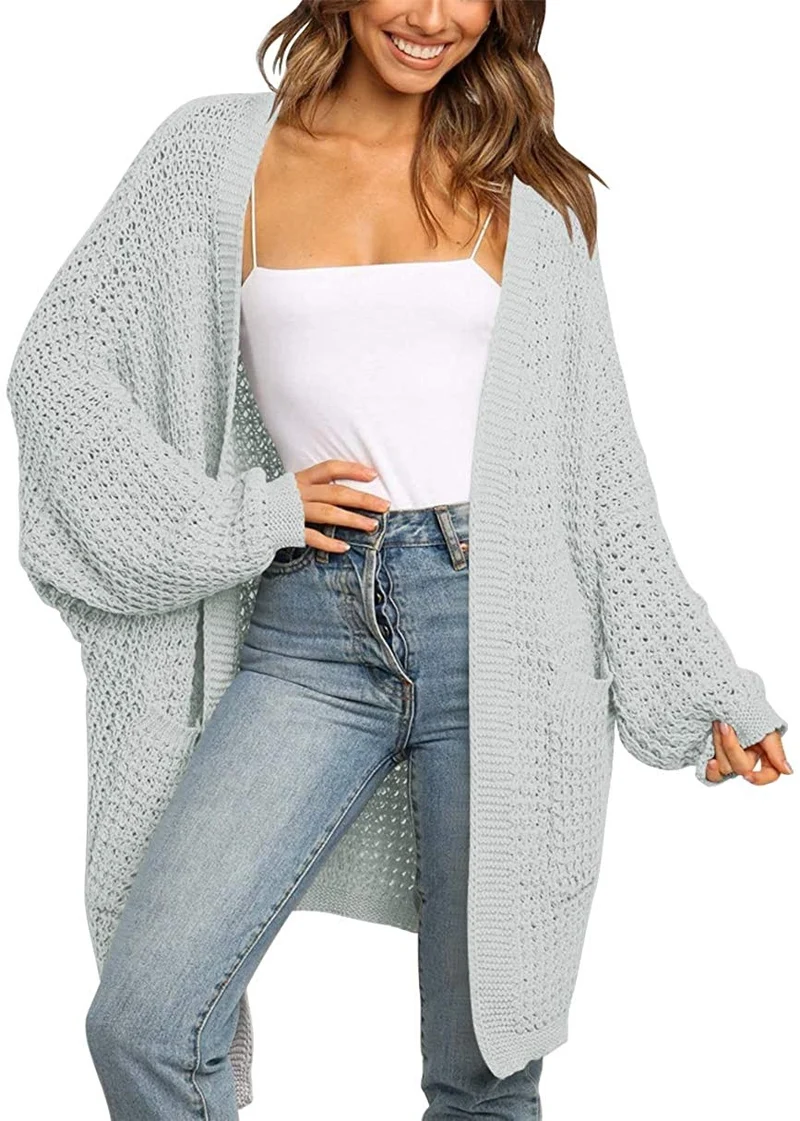 Damen Langer Offener Grobstrick-Cardigan im Cocoon-Schnitt mit Eingrifftaschen Drune